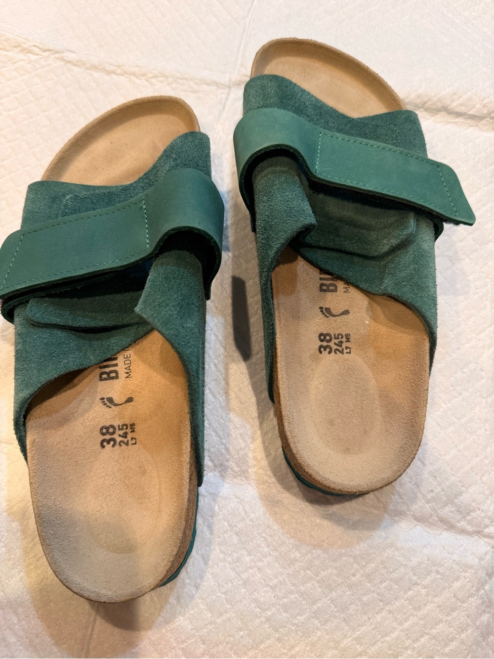 Birkenstock Teal Suede Single-Strap Twist Slide Sandals